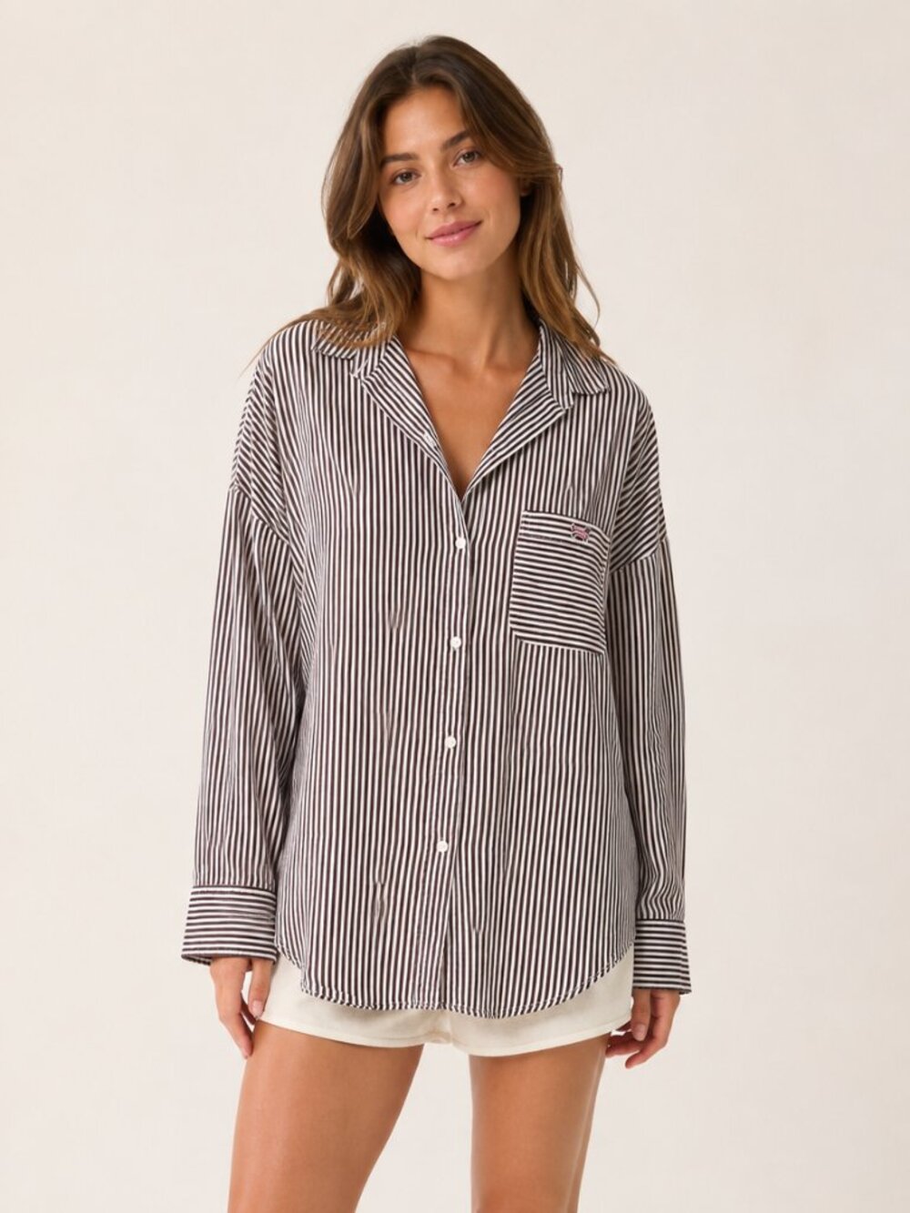 PINK Brown White Striped Button Up Shirt XL